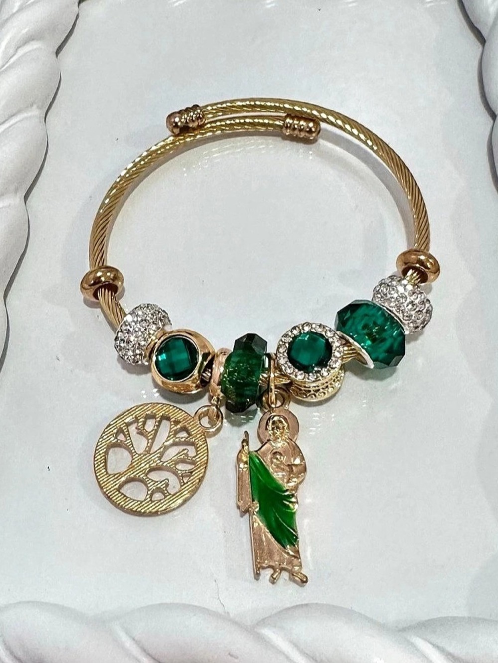 New Gold Tone Cuff Charm Bracelet Green Beads